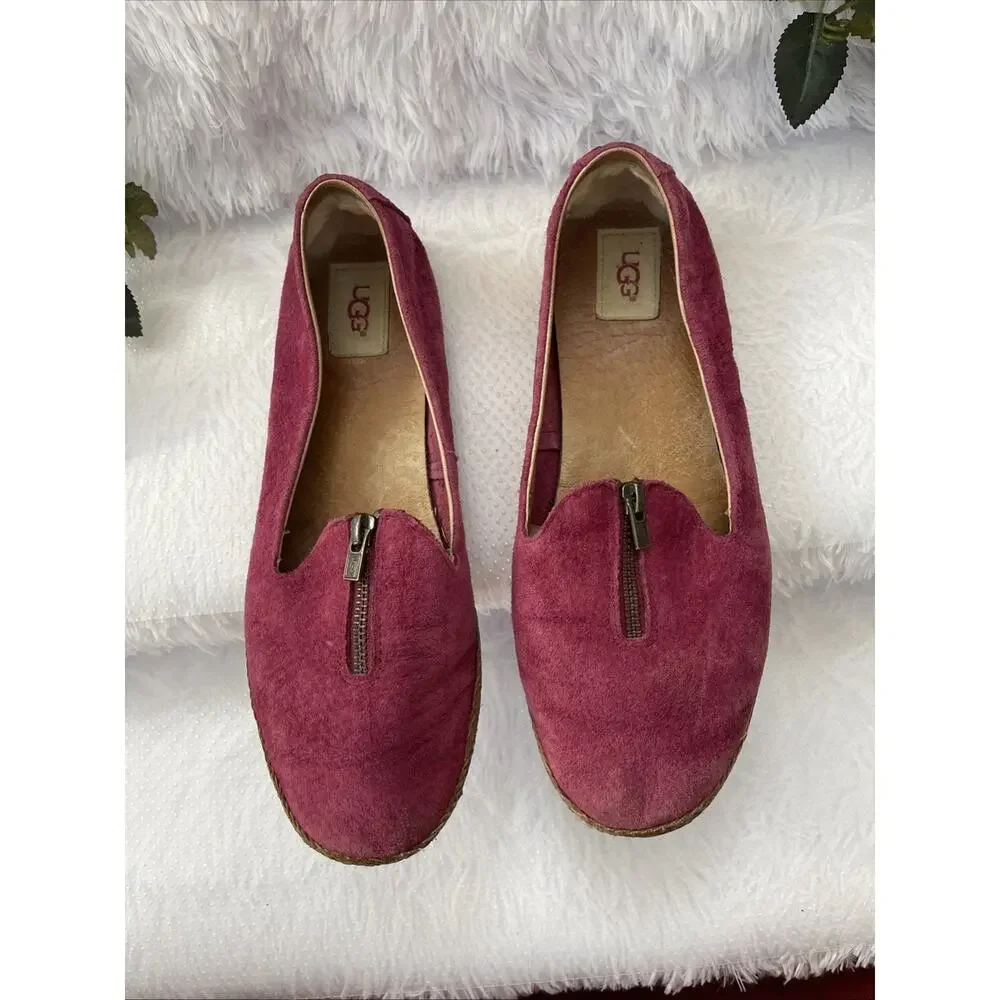 UGG Pink Suede Zip Front Flats Loafers Espadrille Trim Women’s Size 10 EU 41